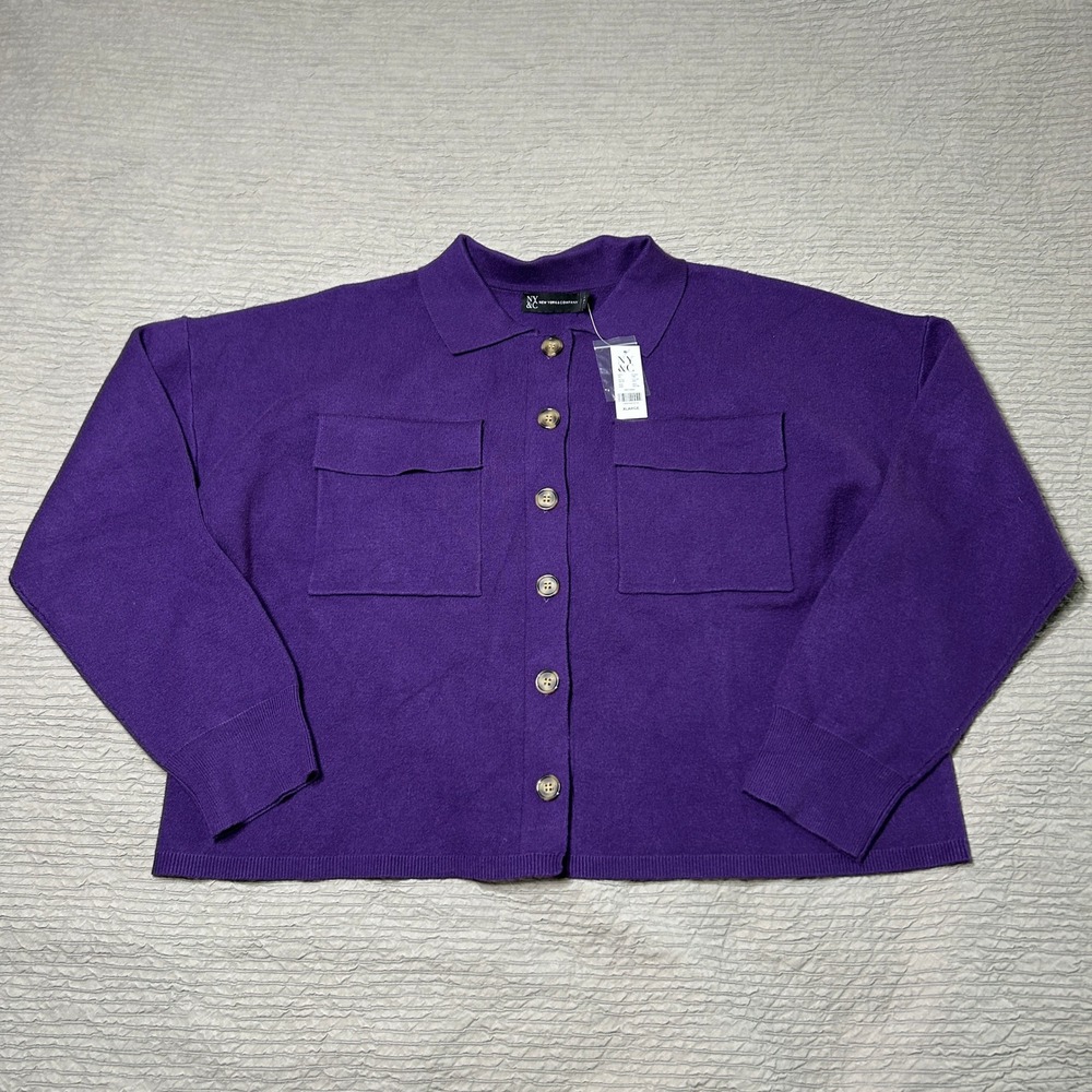 NY&C Purple Button Front Cardigan Sweater Polo Collar Pockets XL NWT